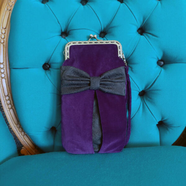 Petit sac velours mauve et noeud gris foncé avec fermoir vintage - Image 2