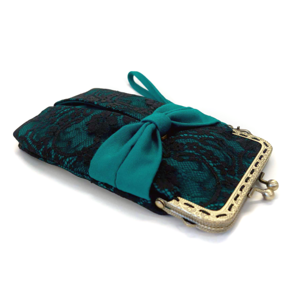 Petit sac turquoise et dentelle noir avec fermoir vintage bronze - Image 2