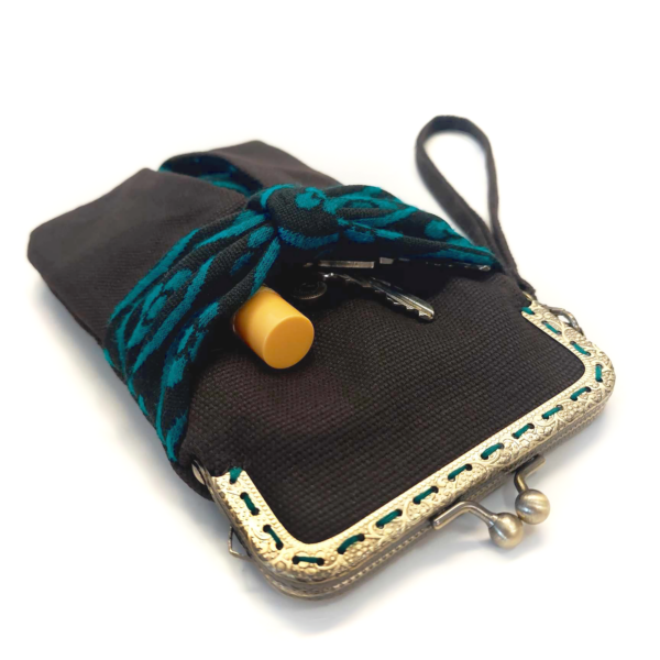 Mini sac vintage brun et turquoise avec fermoir vintage bronze - Image 3