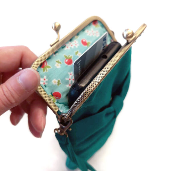 Petit sac à main turquoise avec fermoir vintage bronze - Image 3
