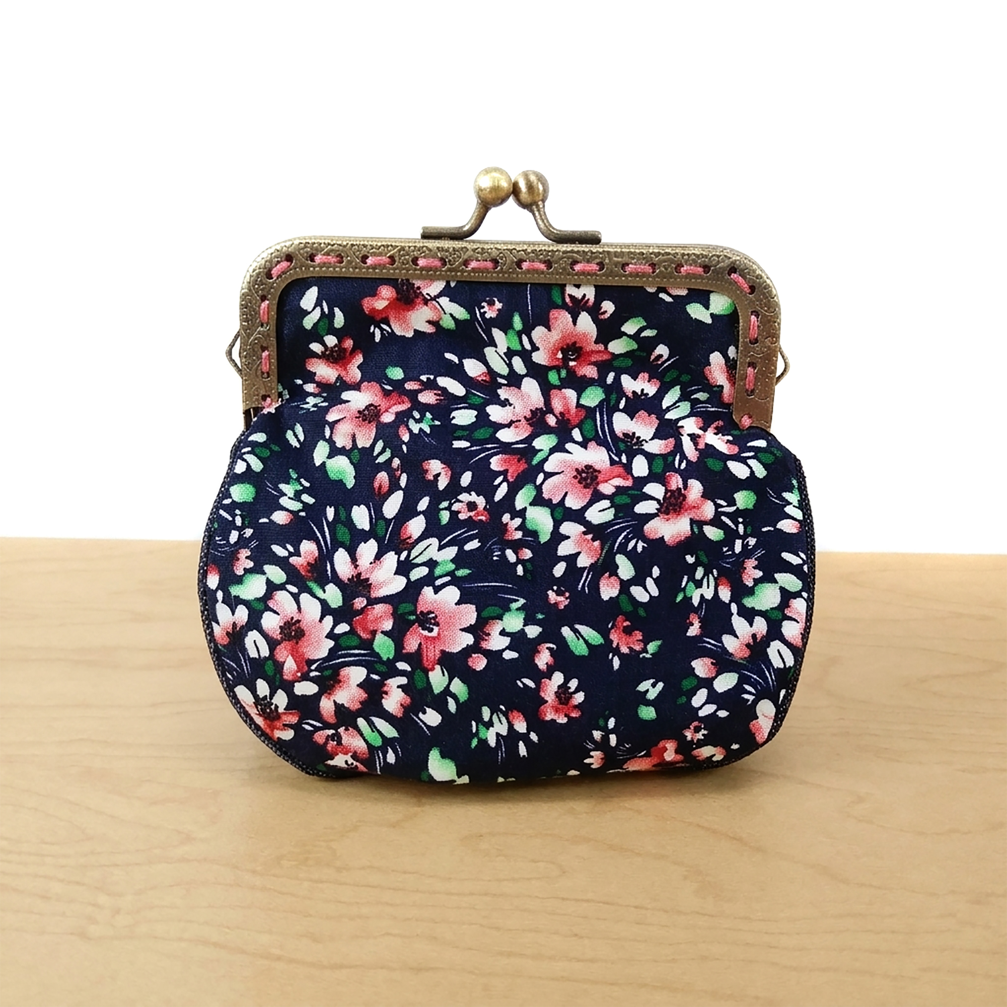 Porte-monnaie vintage fleurs roses, crème, vert - Fermoir bronze – Image 2