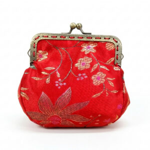 Porte-monnaie broderie japonnaise rouge et dorée et fermoir vintage bronge