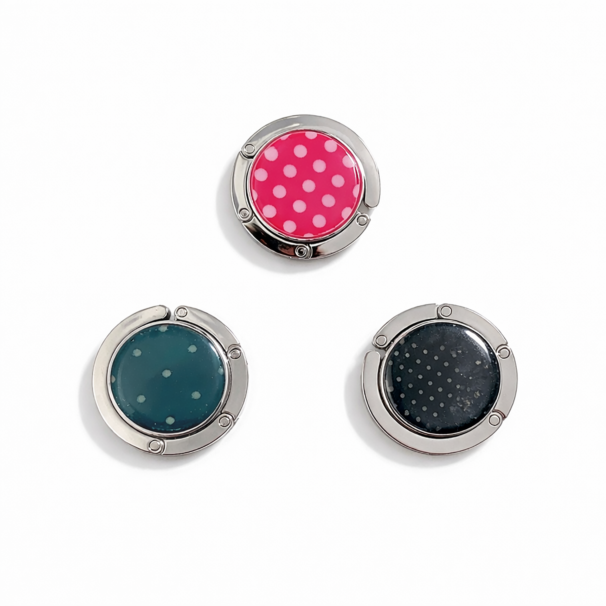 Accroche sac pois noir, rose ou vert - Crochet de table pliable